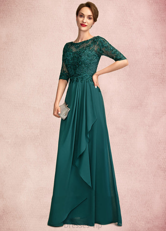 Katie A-Line Scoop Neck Floor-Length Chiffon Lace Mother of the Bride Dress With Beading Sequins Cascading Ruffles HP126P0015027