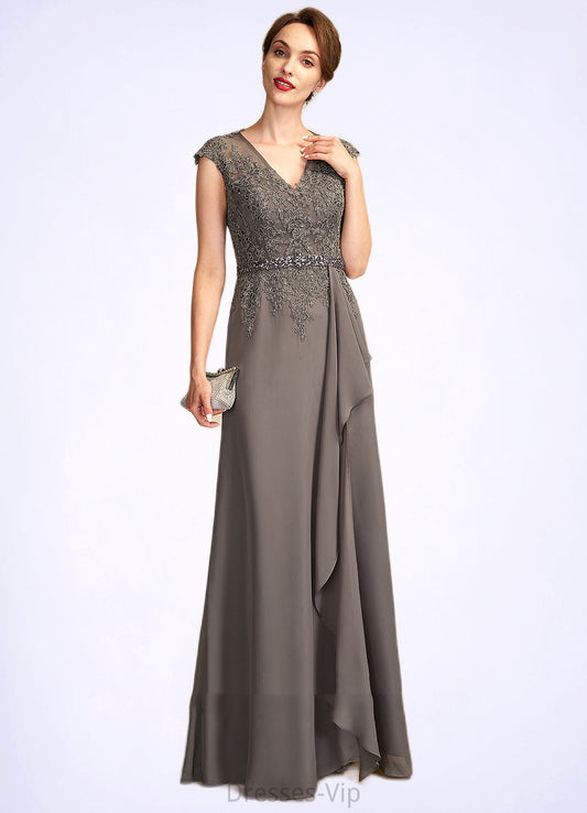 Anna A-Line V-neck Floor-Length Chiffon Lace Mother of the Bride Dress With Beading Sequins Cascading Ruffles HP126P0015030