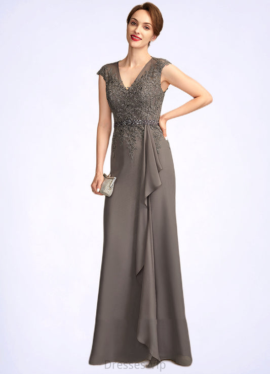 Anna A-Line V-neck Floor-Length Chiffon Lace Mother of the Bride Dress With Beading Sequins Cascading Ruffles HP126P0015030
