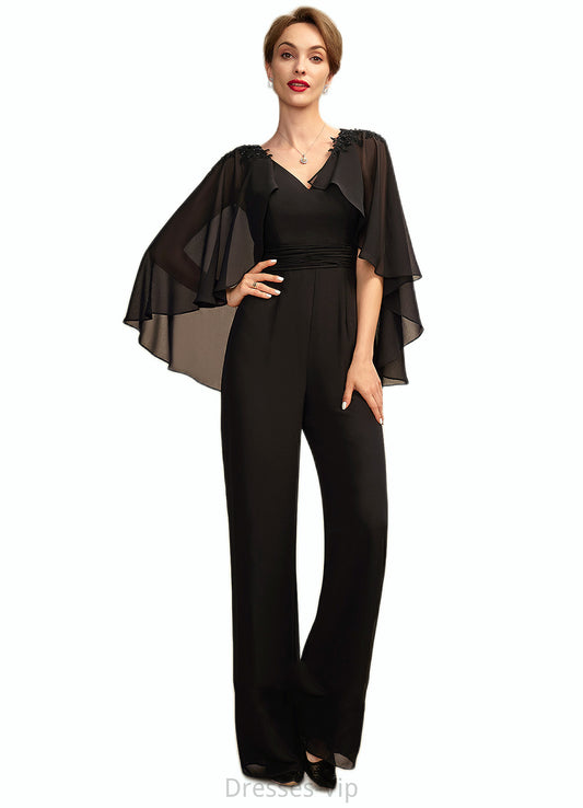 Brooklyn Jumpsuit/Pantsuit V-neck Floor-Length Chiffon Mother of the Bride Dress With Ruffle Beading Appliques Lace Sequins HP126P0015033