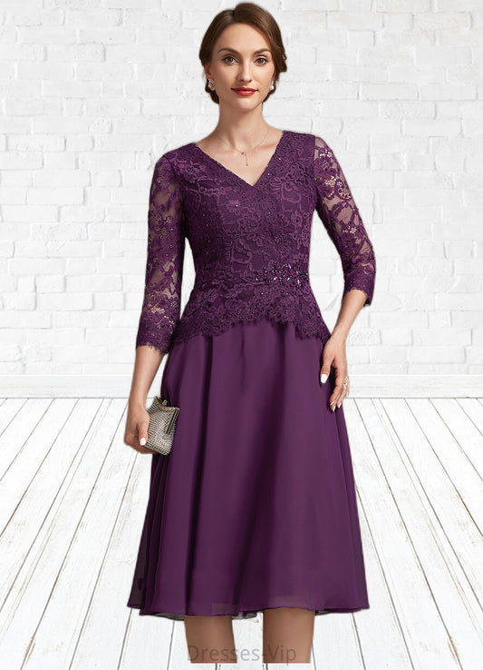 Leyla A-Line V-neck Knee-Length Chiffon Lace Mother of the Bride Dress With Beading Sequins HP126P0015035