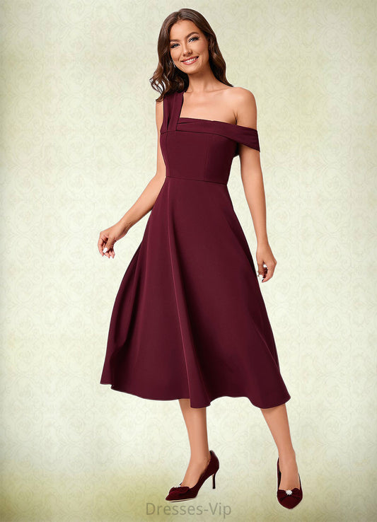 Kay A-line One Shoulder Tea-Length Stretch Crepe Cocktail Dress With Ruffle HPP0022501