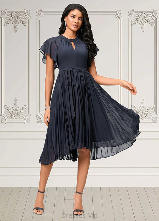 Kasey A-line Scoop Asymmetrical Chiffon Cocktail Dress With Bow Pleated HPP0022530