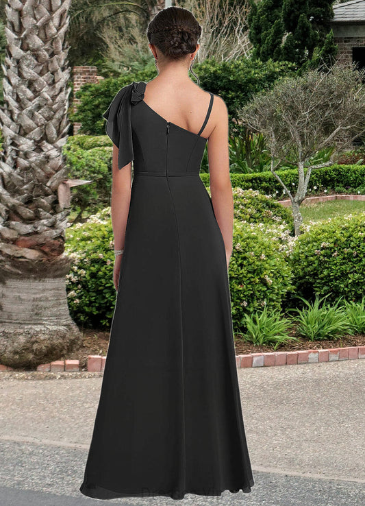 Joyce A-Line Bow Chiffon Floor-Length Junior Bridesmaid Dress black HPP0022850