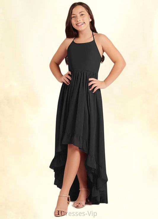 Peyton A-Line Lace Chiffon Asymmetrical Junior Bridesmaid Dress black HPP0022855