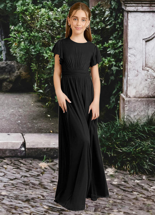 Rachael A-Line Ruched Mesh Floor-Length Junior Bridesmaid Dress black HPP0022857