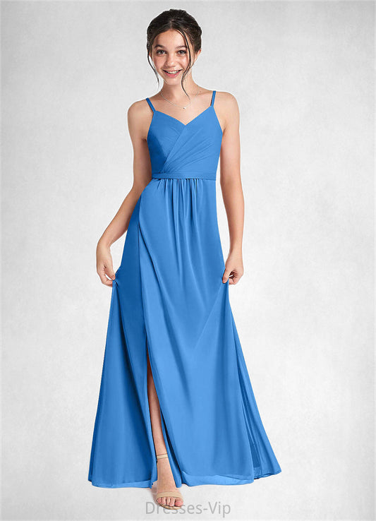 Shannon Pleated Mesh Floor-Length Junior Bridesmaid Dress Blue Jay HPP0022861