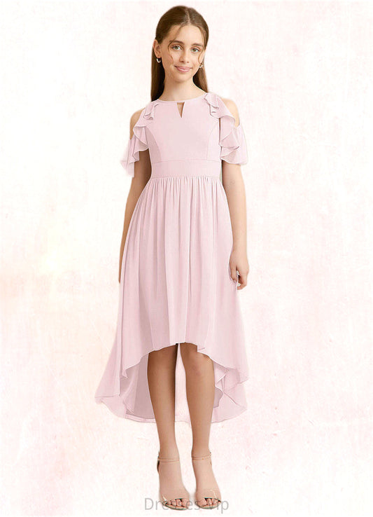 Lindsay A-Line Ruched Chiffon Asymmetrical Junior Bridesmaid Dress Blushing Pink HPP0022862