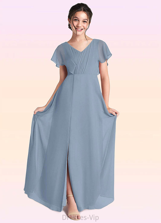 Aubrie A-Line Ruched Chiffon Floor-Length Junior Bridesmaid Dress dusty blue HPP0022872
