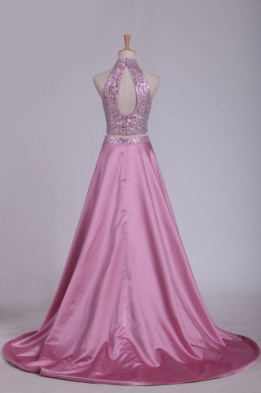 2024 Open Back Two Pieces High Neck Prom Dresses A Line Satin With Beading