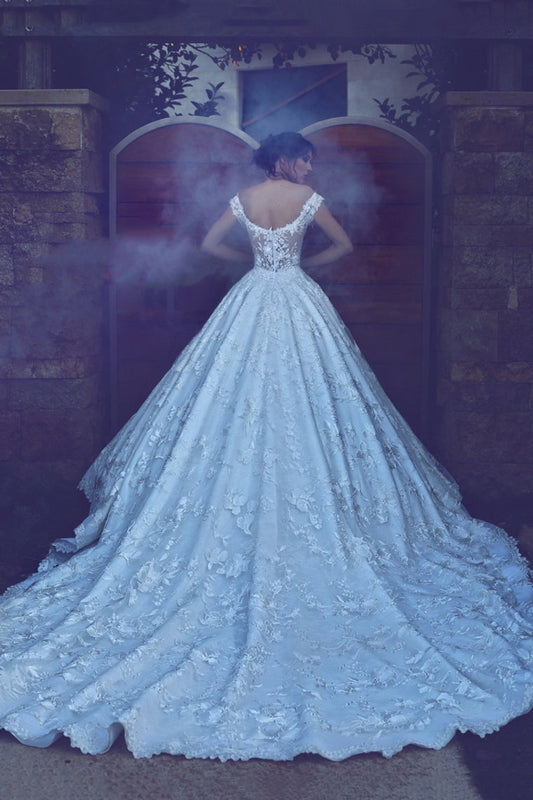 2024 Lace A Line Off The Shoulder Wedding Dresses With Applique Chapel Train