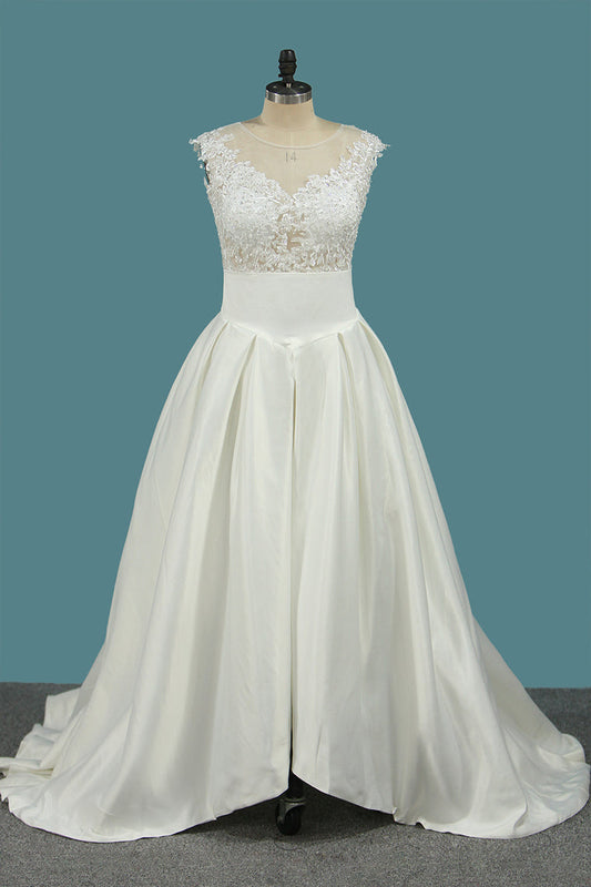 2024 A Line Satin Scoop Wedding Dresses With Applique Asymmetrical