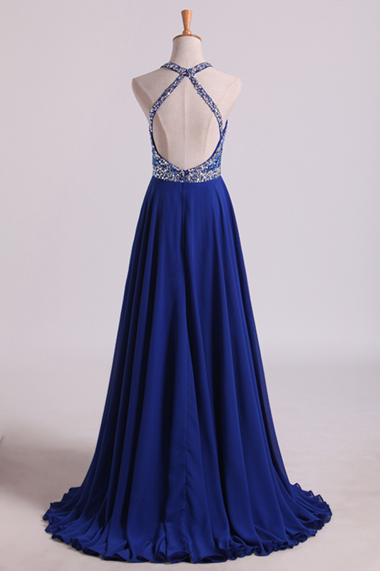 2024 A Line Prom Dresses Halter Beaded Bodice Open Back Sweep Train Chiffon & Tulle