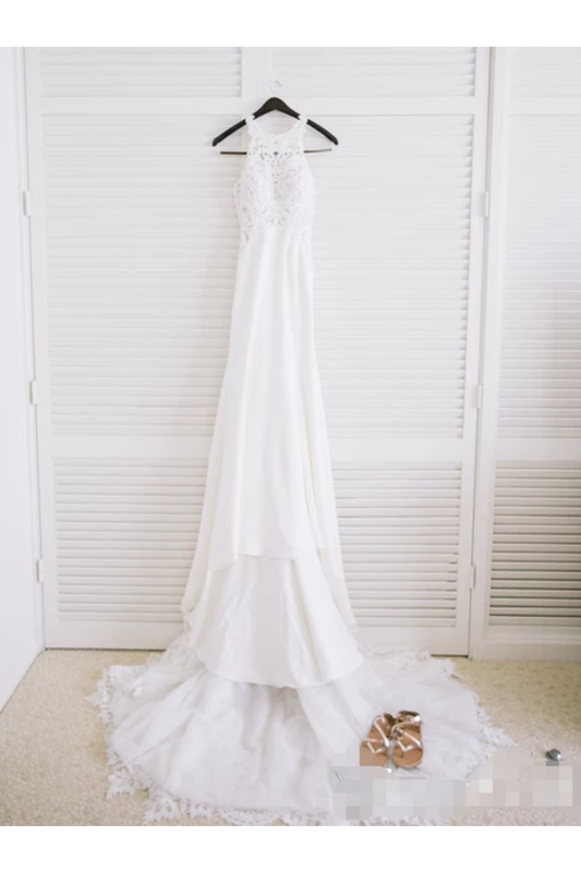 Sexy Appliqued Beach Wedding Dress With Racerback Illusion Neckline Wedding Gown