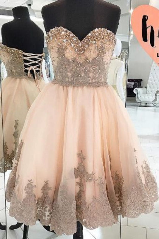 2024 Hot Selling Tulle Homecoming Dresses A Line Sweetheart With Appliques Lace Up