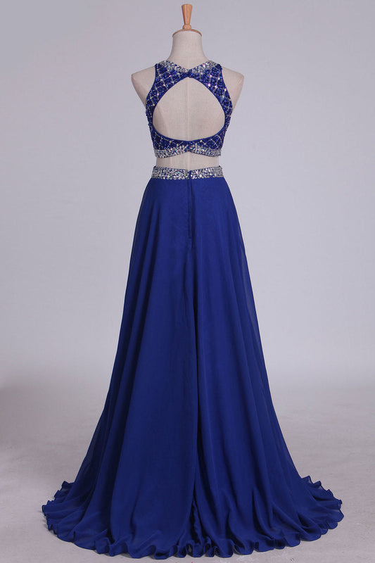 2024 Two Pieces Bateau Open Back Prom Dresses A Line Chiffon & Tulle Dark Royal Blue