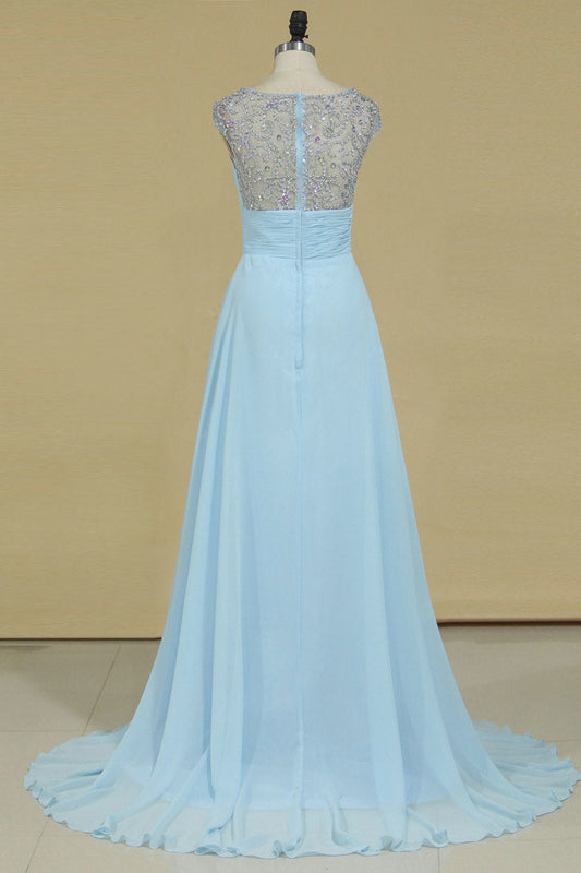 2024 A Line Prom Dresses Scoop Chiffon With Ruffles And Beads